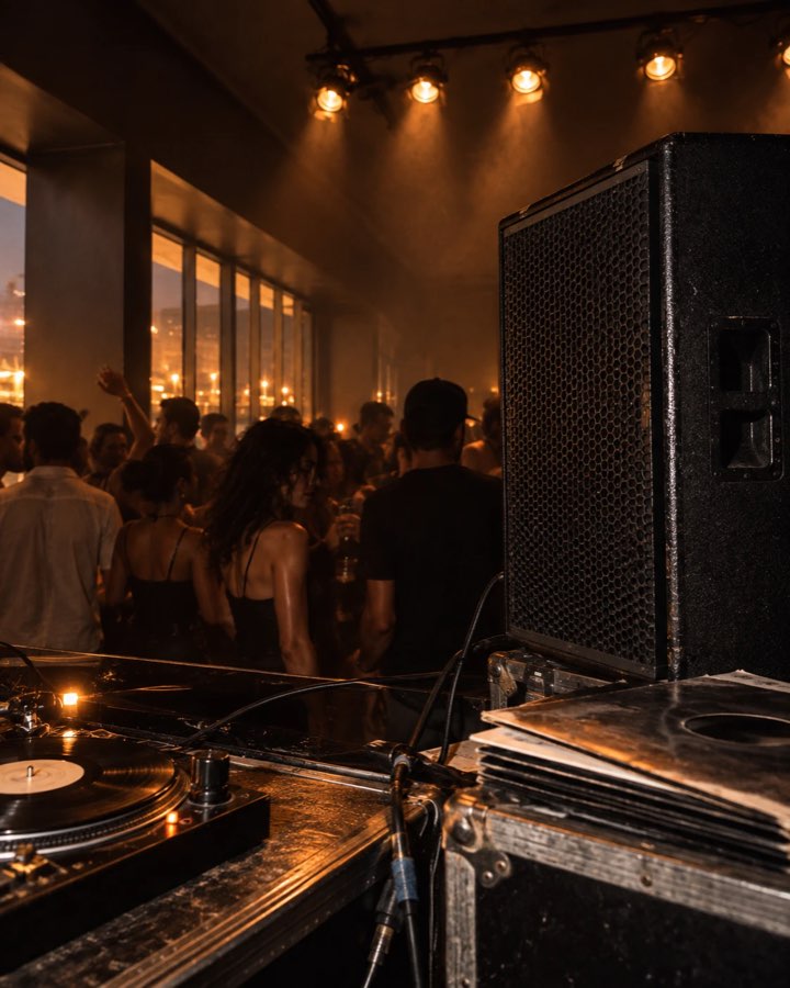 View from the DJ booth over a warm, crowded room
