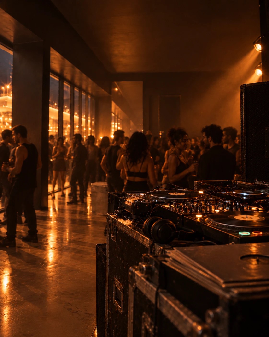 Turntables and mixer in the foreground, a crowd in amber light behind