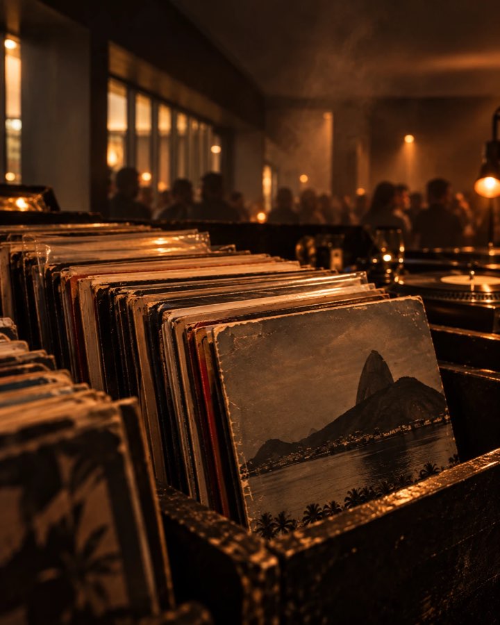 Crate of records with a Rio de Janeiro sleeve at the front