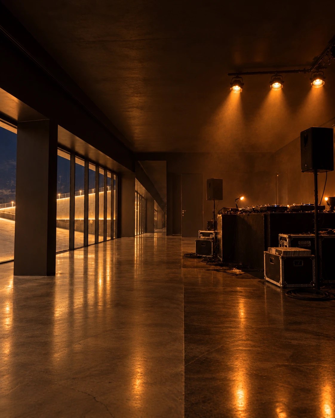 The empty room before doors: polished floor, speakers and DJ setup under warm spotlights